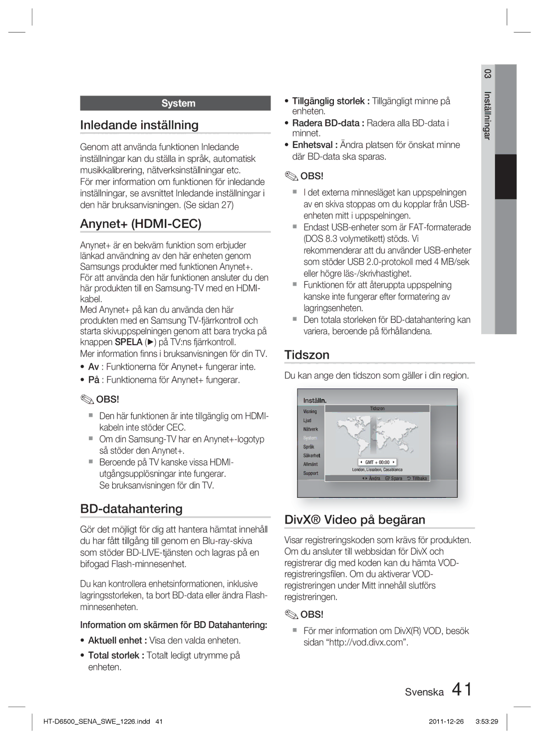 Samsung HT-D6500/XE manual Inledande inställning, Anynet+ HDMI-CEC, BD-datahantering, Tidszon, DivX Video på begäran 