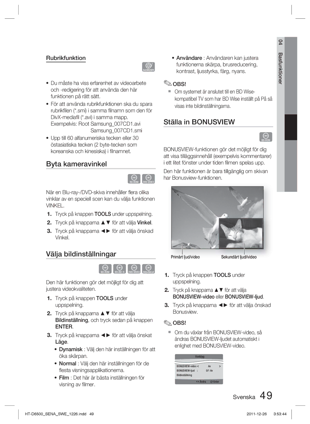 Samsung HT-D6500/XE manual Byta kameravinkel, Ställa in Bonusview, Välja bildinställningar, Rubrikfunktion, Vinkel 