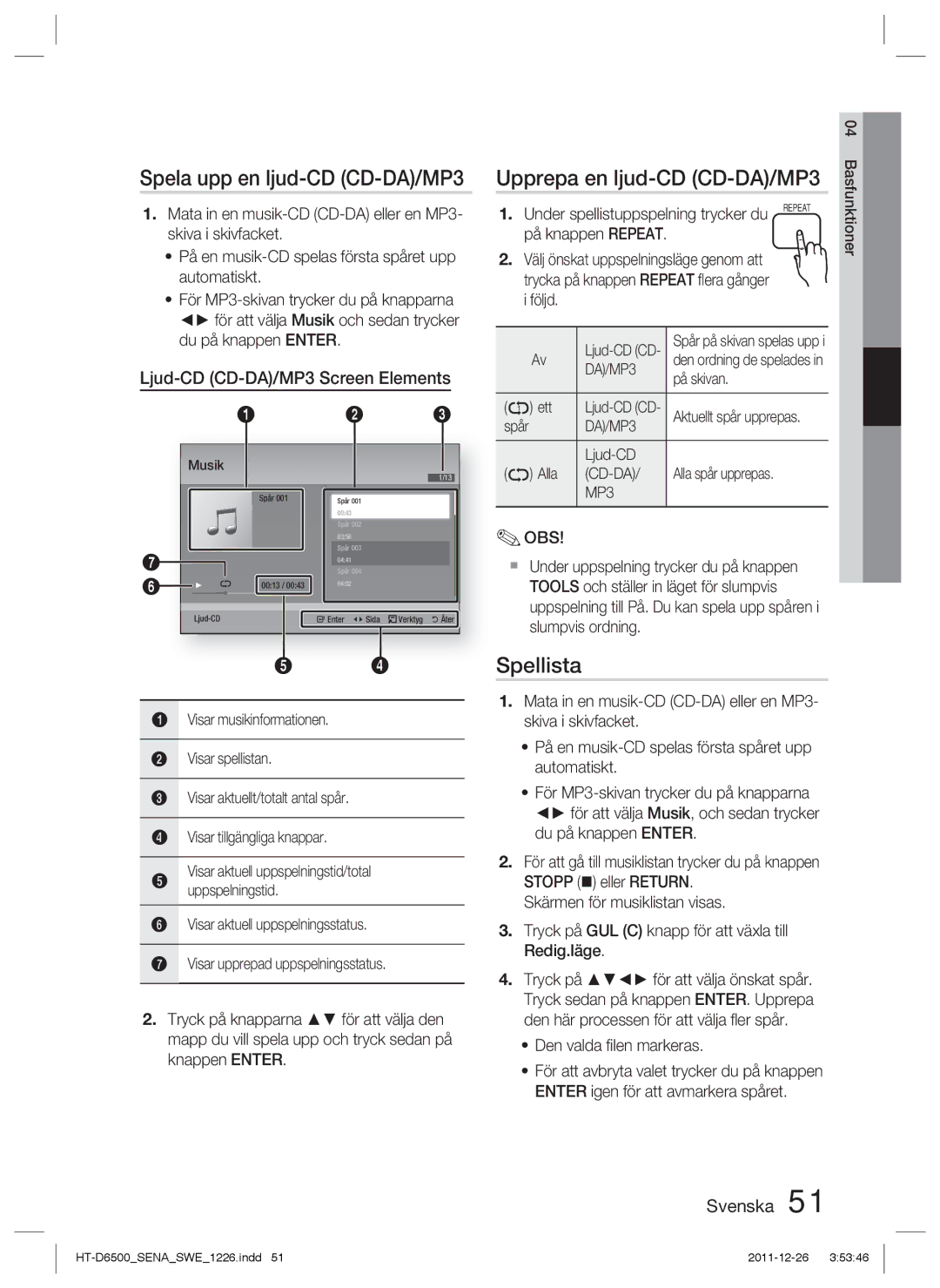 Samsung HT-D6500/XE manual Spela upp en ljud-CD CD-DA/MP3, Upprepa en ljud-CD CD-DA/MP3, Spellista 