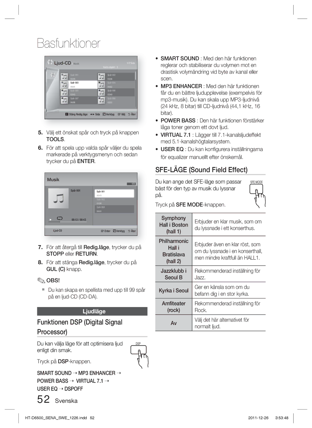 Samsung HT-D6500/XE manual Funktionen DSP Digital Signal Processor, SFE-LÄGE Sound Field Effect, Ljudläge, Tools 