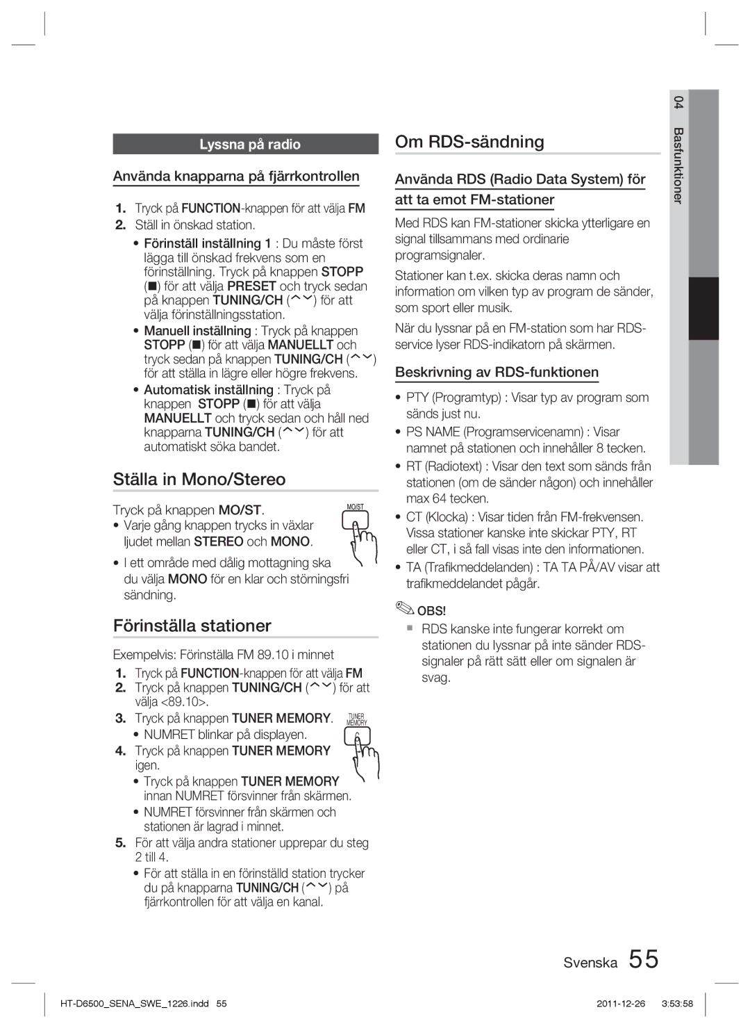 Samsung HT-D6500/XE manual Ställa in Mono/Stereo, Förinställa stationer, Om RDS-sändning, Lyssna på radio 