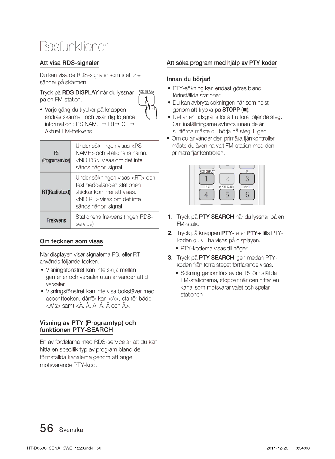 Samsung HT-D6500/XE manual Att visa RDS-signaler, Om tecknen som visas, Visning av PTY Programtyp och funktionen PTY-SEARCH 