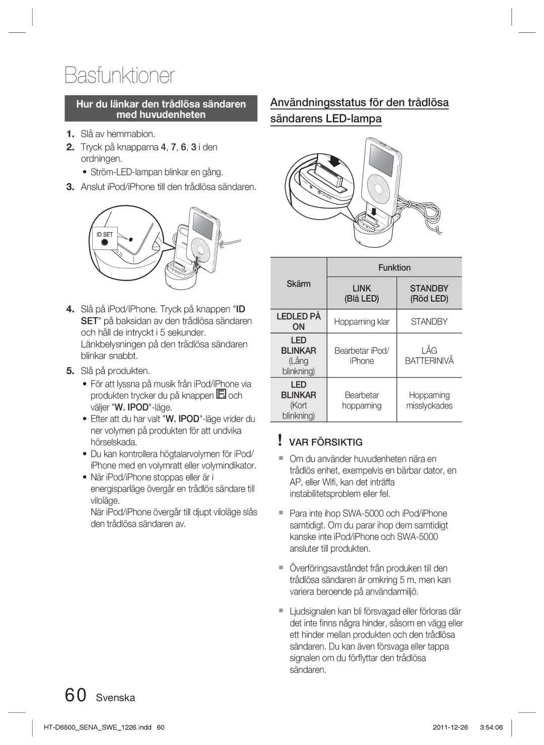 Samsung HT-D6500/XE manual Användningsstatus för den trådlösa sändarens LED-lampa, Led 