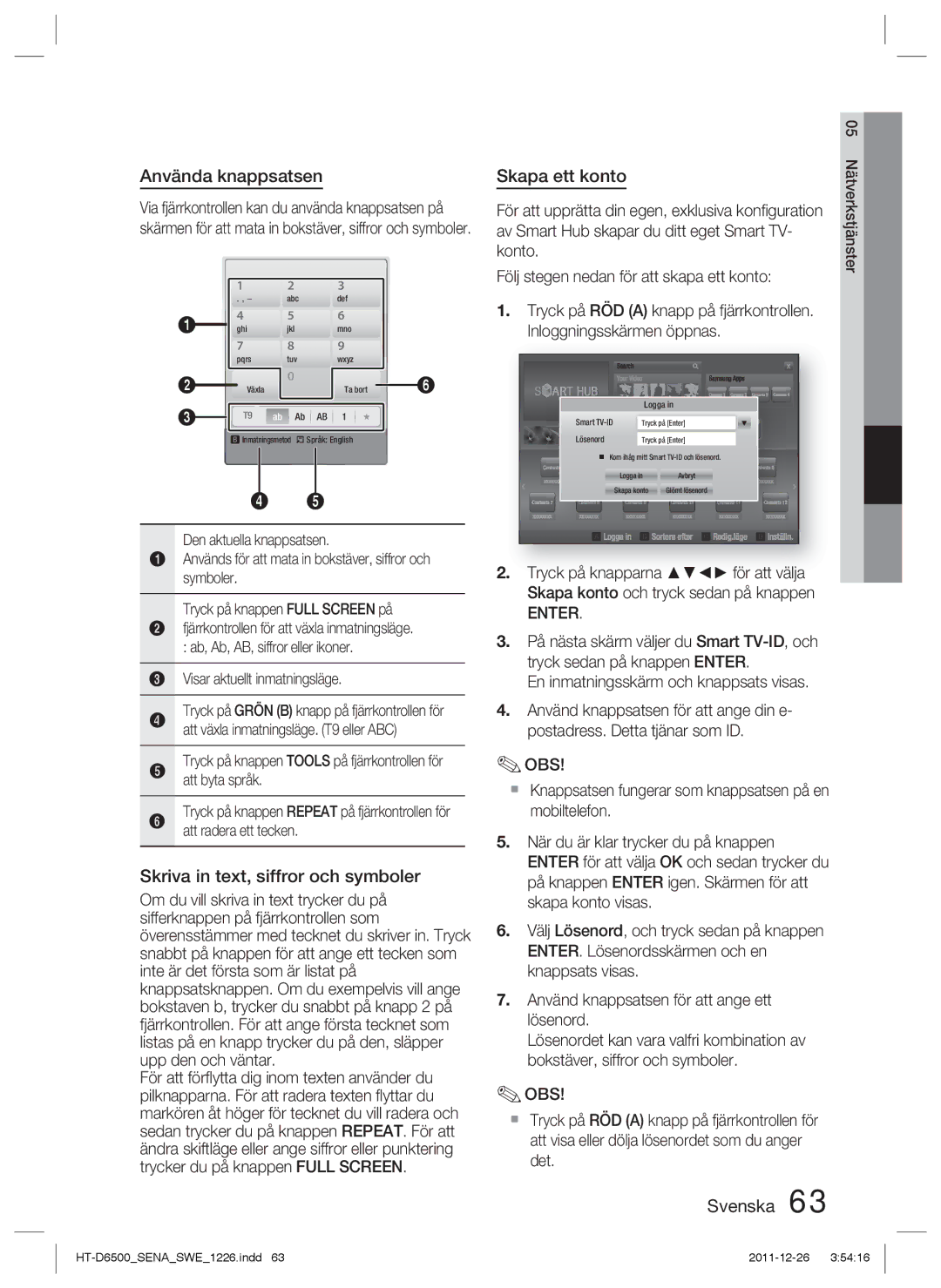 Samsung HT-D6500/XE manual Använda knappsatsen, Skriva in text, siffror och symboler, Skapa ett konto 