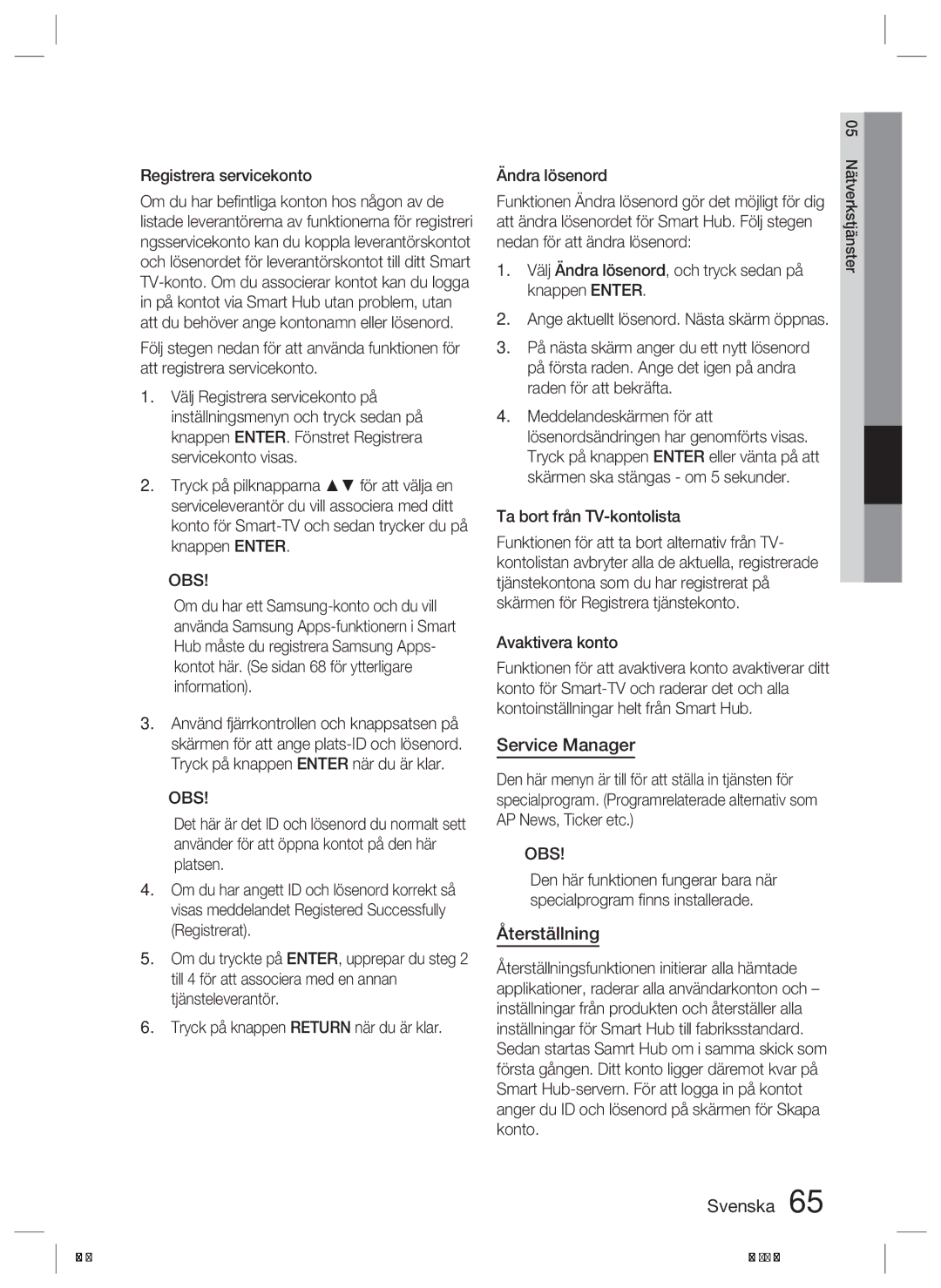 Samsung HT-D6500/XE manual Service Manager, Återställning, Registrera servicekonto 