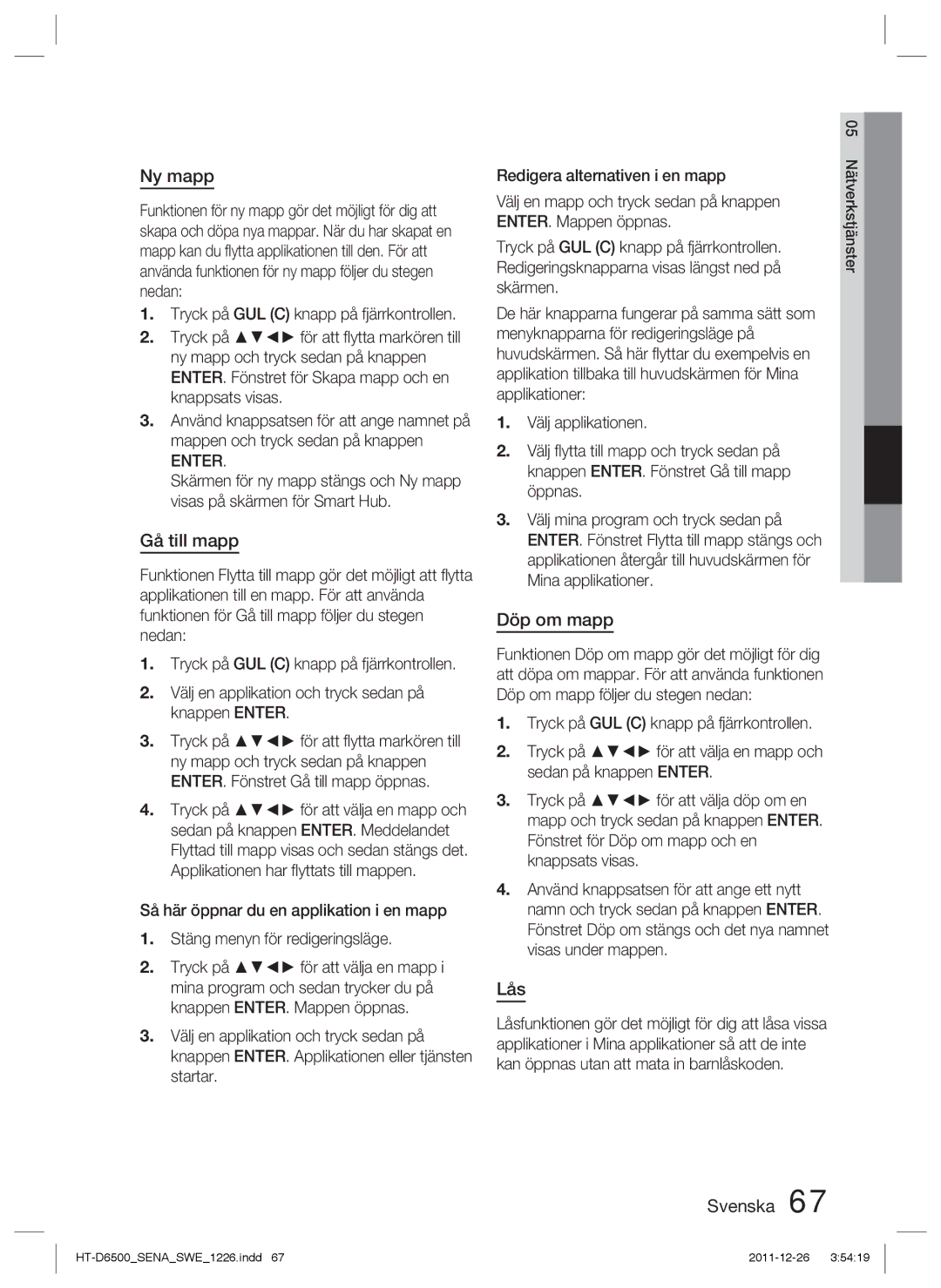 Samsung HT-D6500/XE manual Ny mapp, Gå till mapp, Döp om mapp, Lås 