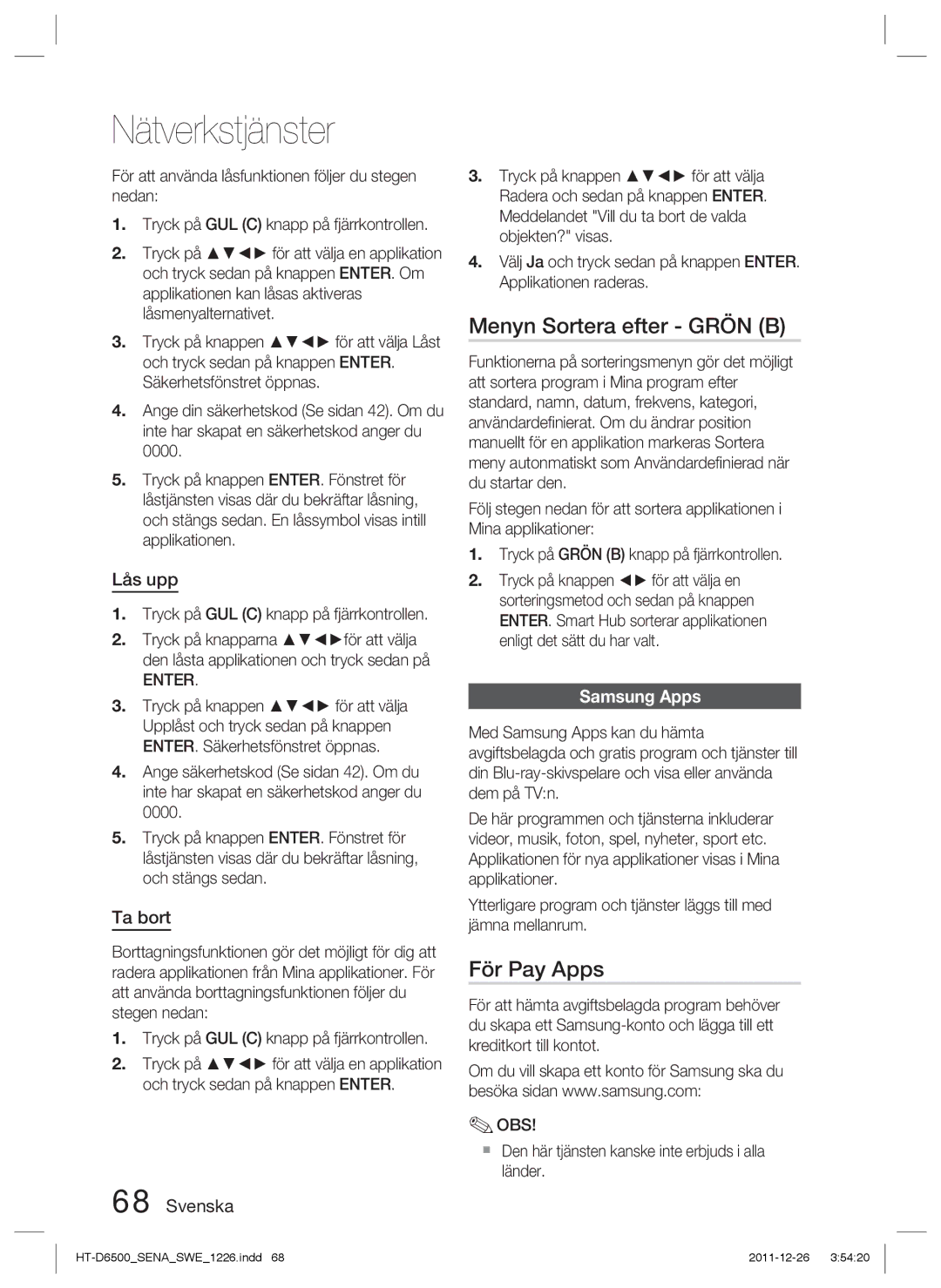 Samsung HT-D6500/XE manual Menyn Sortera efter Grön B, För Pay Apps, Lås upp, Ta bort, Samsung Apps 