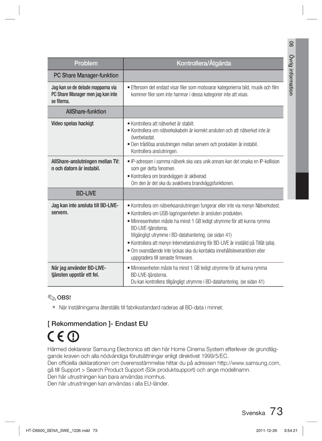 Samsung HT-D6500/XE manual Rekommendation Endast EU 