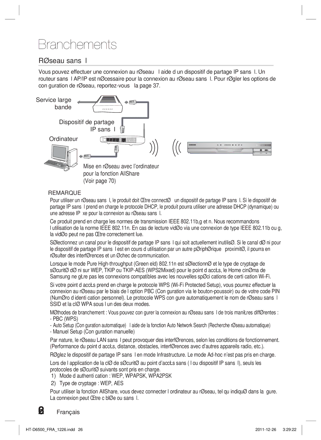 Samsung HT-D6500/EN, HT-D6500/XN, HT-D6500/XE manual Voir, Mise en réseau avec lordinateur pour la fonction AllShare, Pbc Wps 