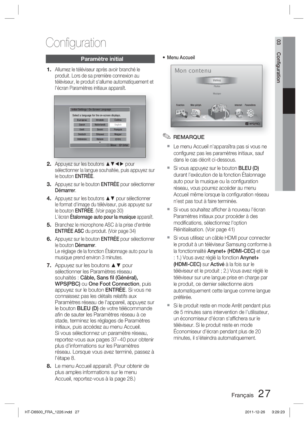 Samsung HT-D6500/XE, HT-D6500/XN, HT-D6500/EN manual Conﬁguration, Paramètre initial 