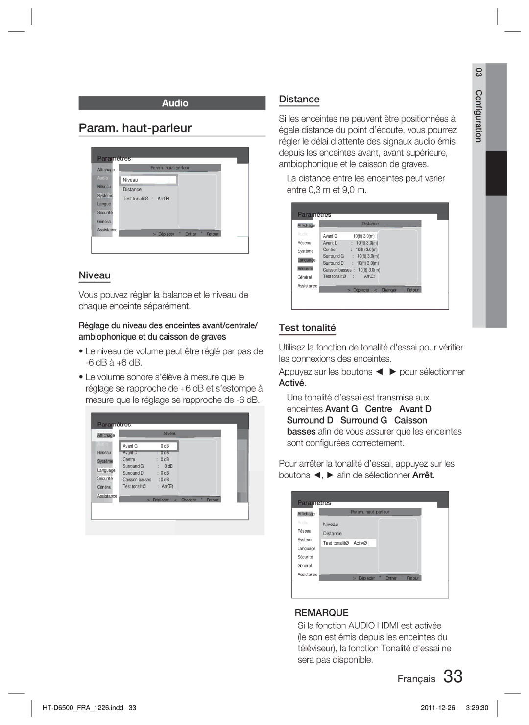Samsung HT-D6500/XE, HT-D6500/XN, HT-D6500/EN manual Param. haut-parleur, Niveau, Test tonalité 