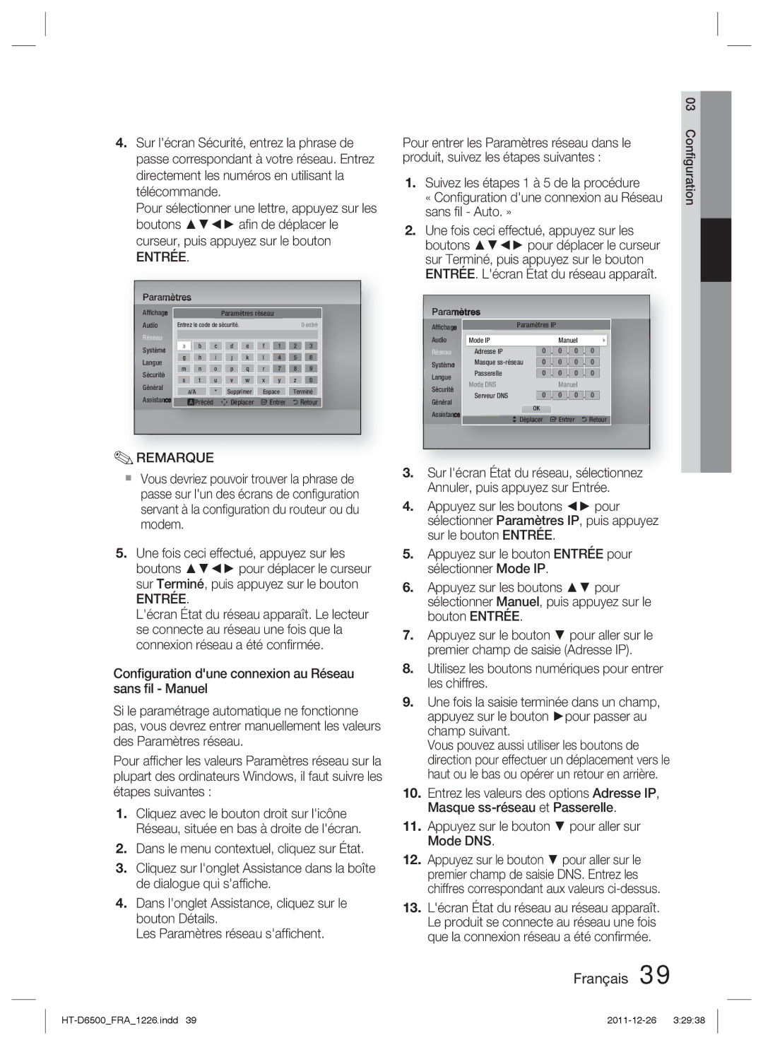 Samsung HT-D6500/XE, HT-D6500/XN, HT-D6500/EN manual Remarque, « Conﬁguration dune connexion au Réseau 