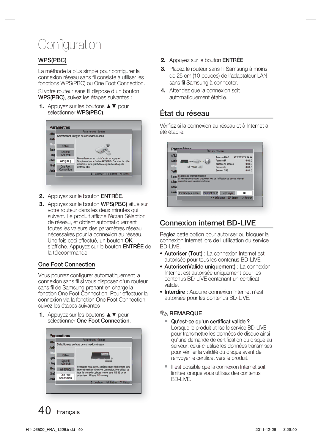 Samsung HT-D6500/XN manual État du réseau, Connexion internet BD-LIVE, Appuyez sur les boutons pour sélectionner Wpspbc 