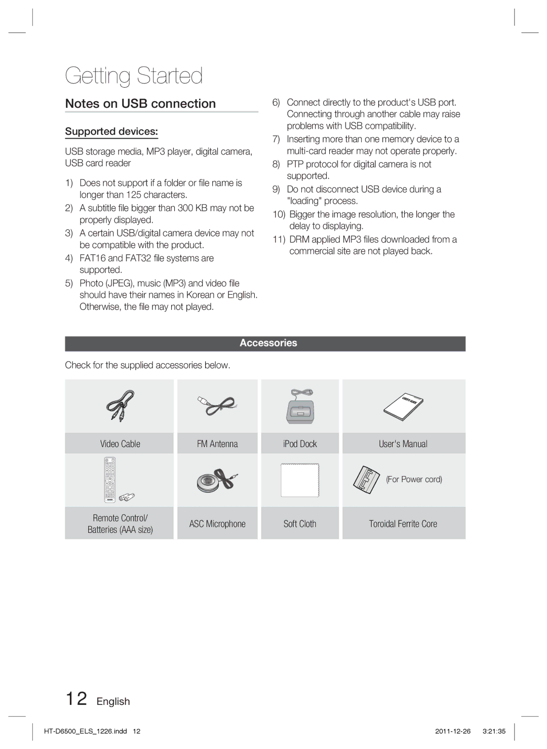 Samsung HT-D6500/XN, HT-D6500/EN, HT-D6500/XE manual Supported devices, Accessories, Toroidal Ferrite Core, For Power cord 