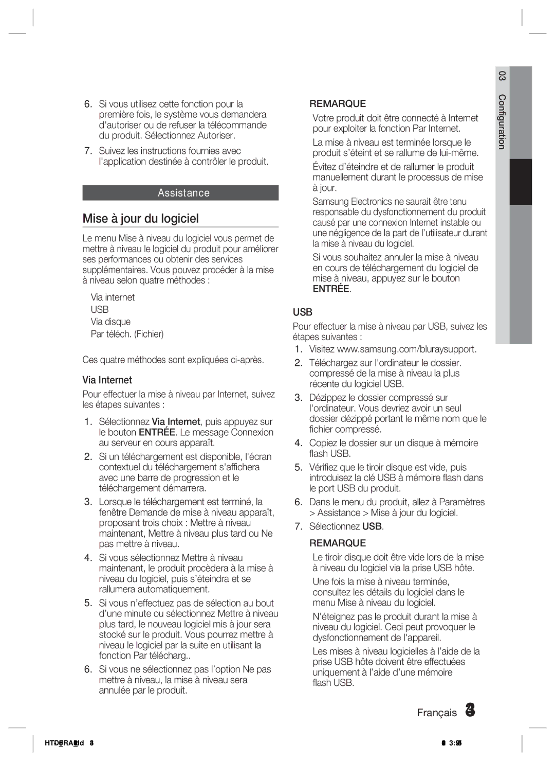 Samsung HT-D6500/XN manual Mise à jour du logiciel, Assistance, Via Internet, Niveau selon quatre méthodes Via internet 