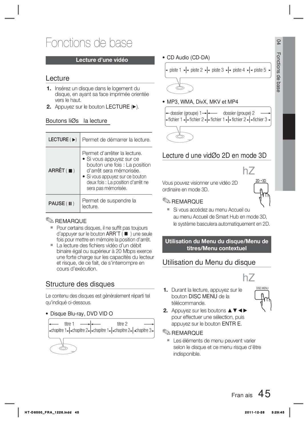 Samsung HT-D6500/XE, HT-D6500/XN manual Fonctions de base, Structure des disques, Lecture d’une vidéo 2D en mode 3D 