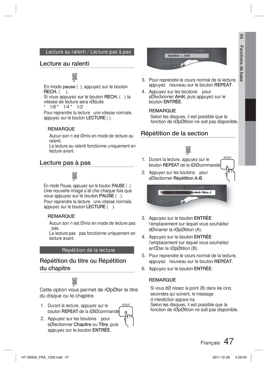 Samsung HT-D6500/EN, HT-D6500/XN manual Lecture au ralenti, Lecture pas à pas, Répétition du titre ou Répétition du chapitre 