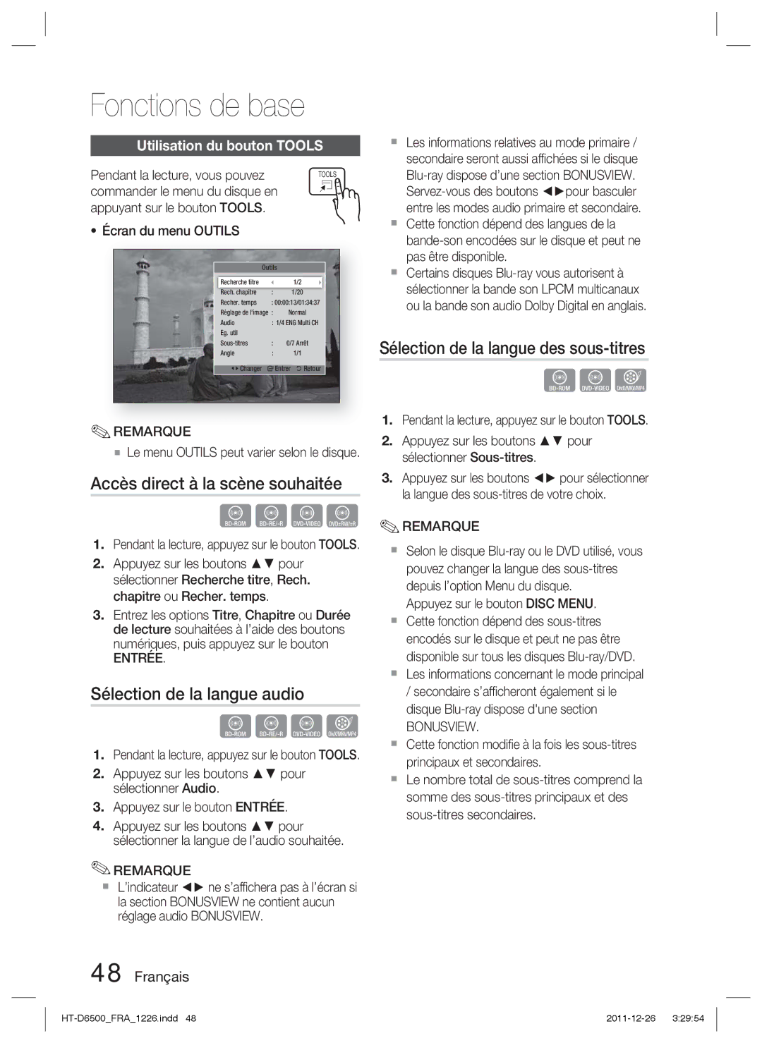 Samsung HT-D6500/XE manual Accès direct à la scène souhaitée, Sélection de la langue audio, Utilisation du bouton Tools 