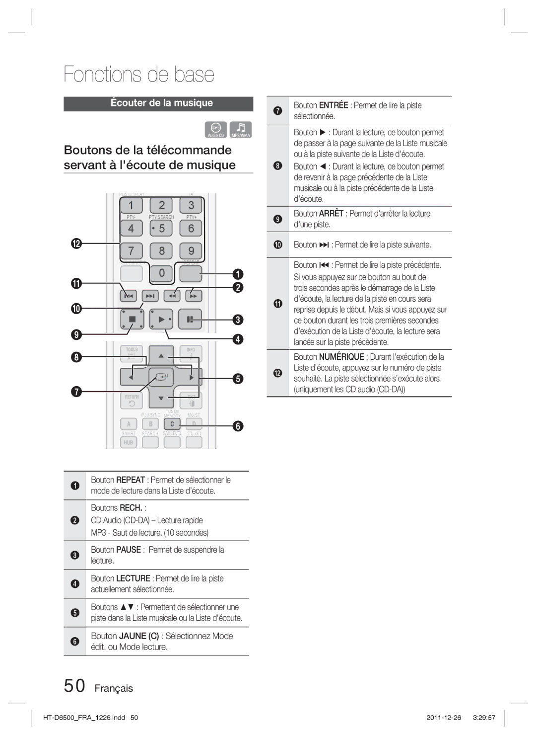 Samsung HT-D6500/EN, HT-D6500/XN manual Boutons de la télécommande servant à lécoute de musique, Écouter de la musique 