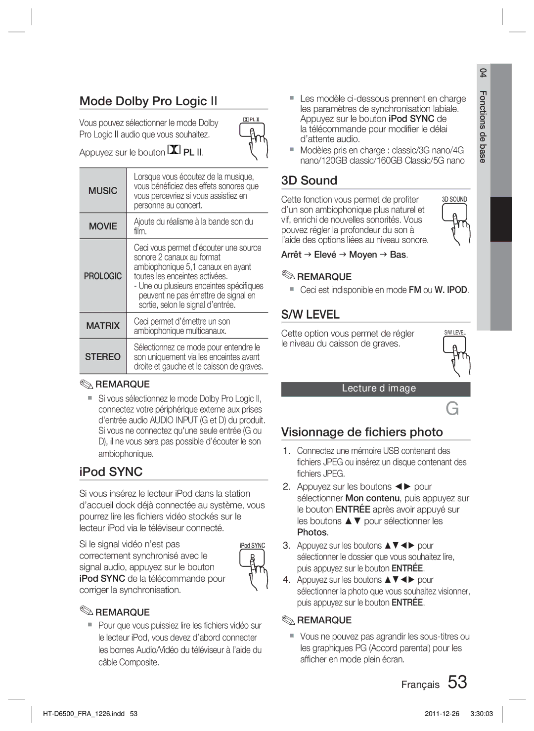 Samsung HT-D6500/EN, HT-D6500/XN, HT-D6500/XE manual Mode Dolby Pro Logic, Visionnage de ﬁchiers photo, Lecture d’image 