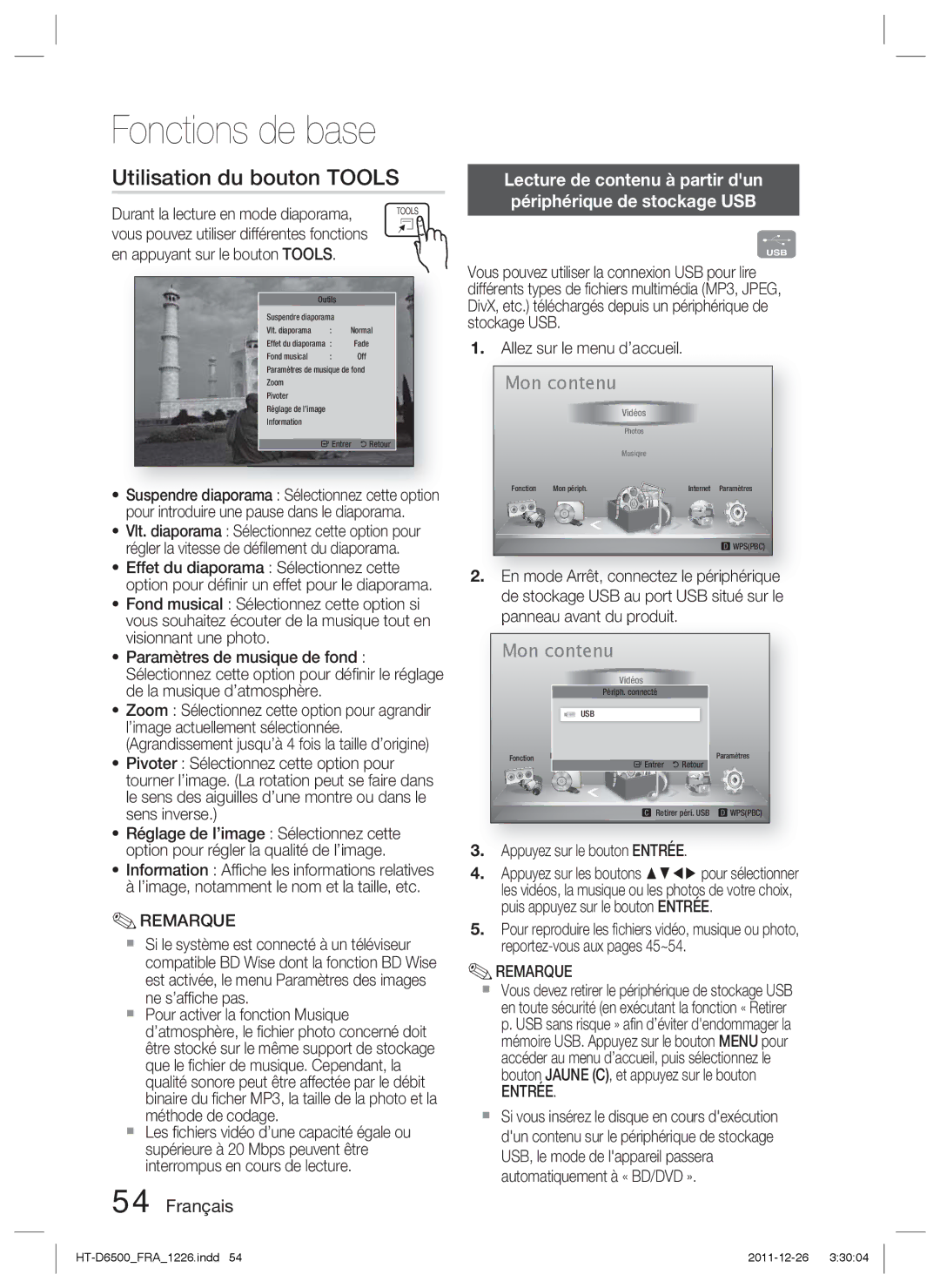 Samsung HT-D6500/XE Utilisation du bouton Tools, Durant la lecture en mode diaporama, En appuyant sur le bouton Tools 