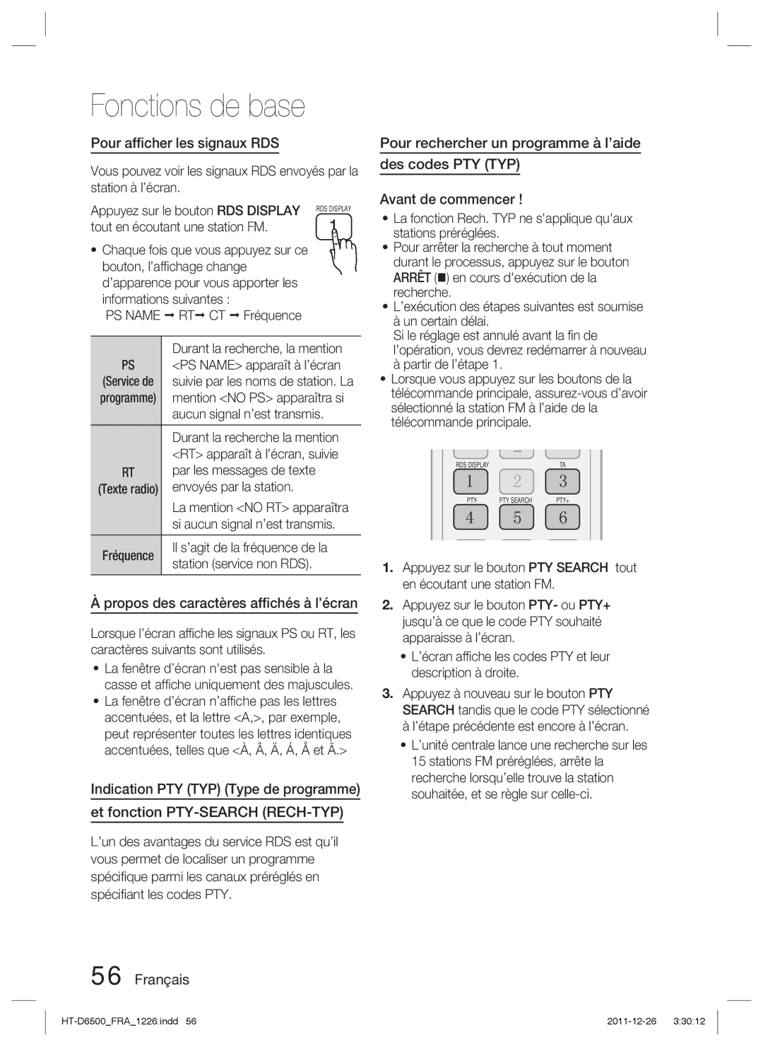 Samsung HT-D6500/EN, HT-D6500/XN manual Pour afﬁcher les signaux RDS, Propos des caractères afﬁchés à l’écran, PS Name 