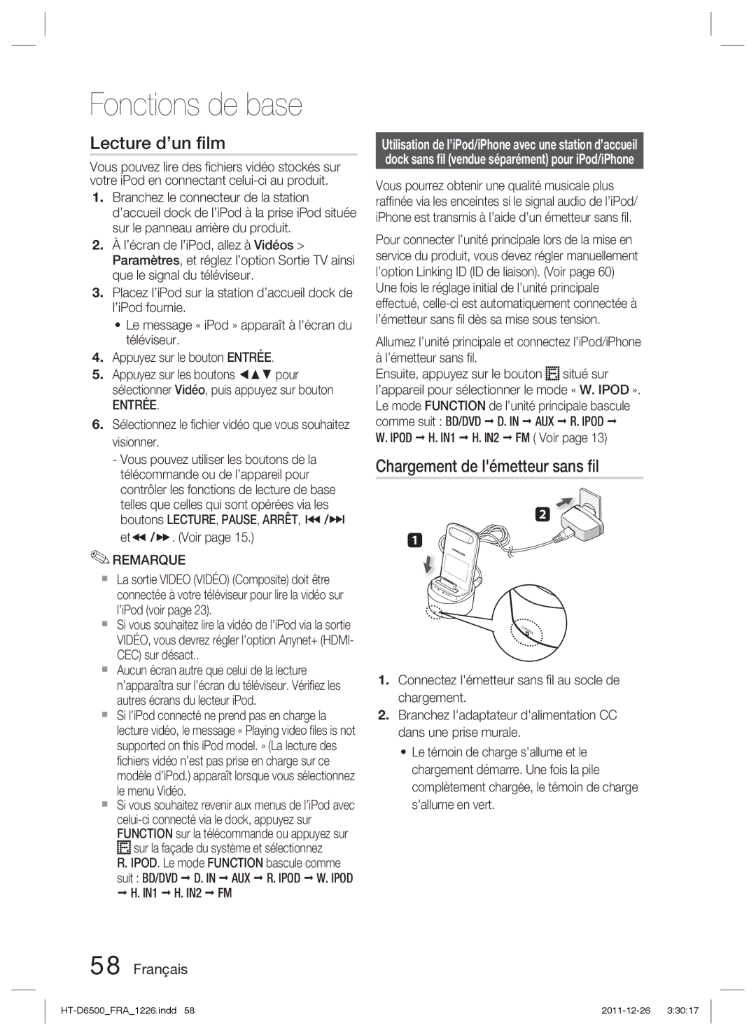 Samsung HT-D6500/XN, HT-D6500/EN, HT-D6500/XE manual Lecture d’un ﬁlm, Chargement de lémetteur sans ﬁl 