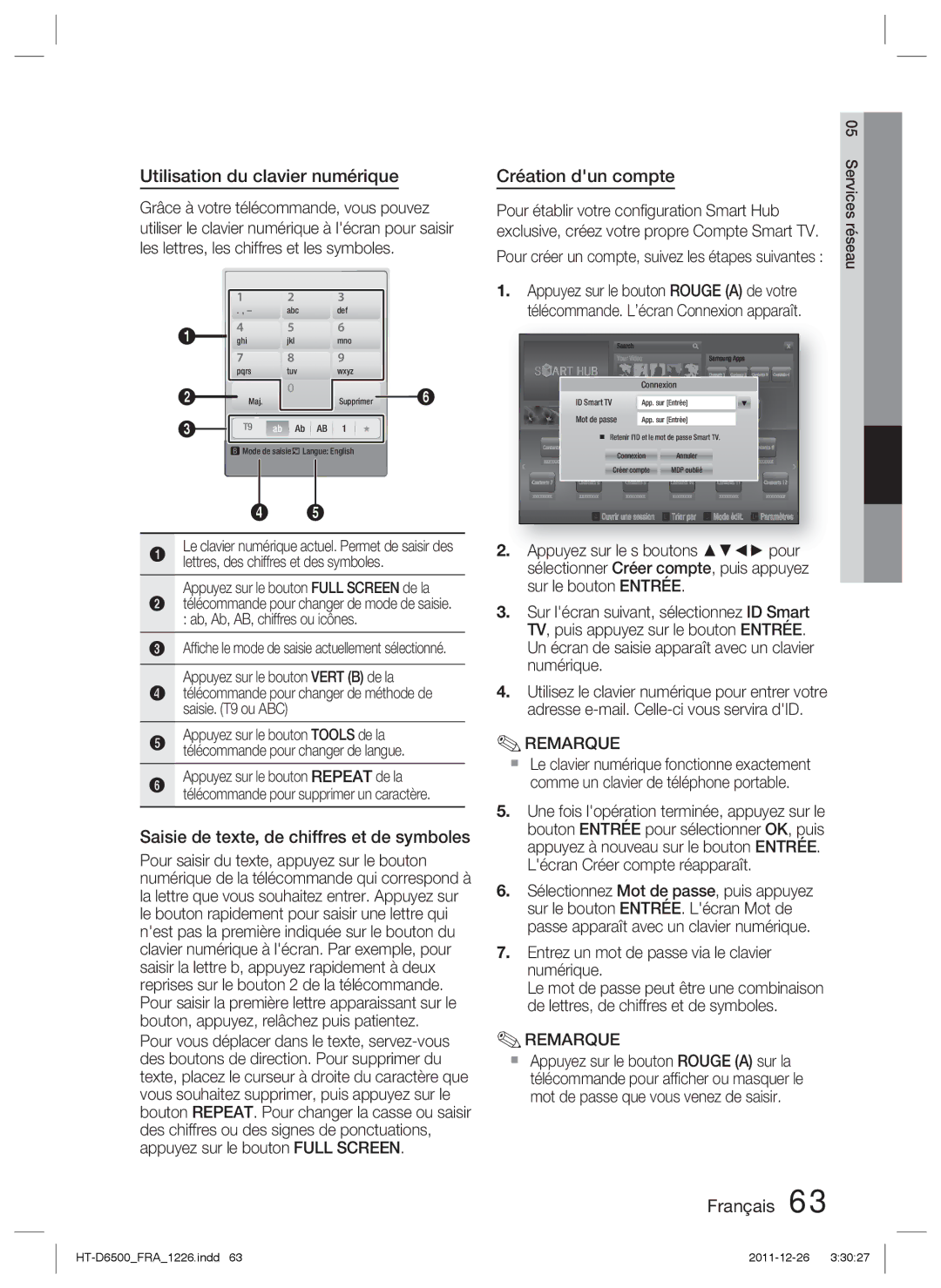 Samsung HT-D6500/XE Utilisation du clavier numérique, Saisie de texte, de chiffres et de symboles, Création dun compte 