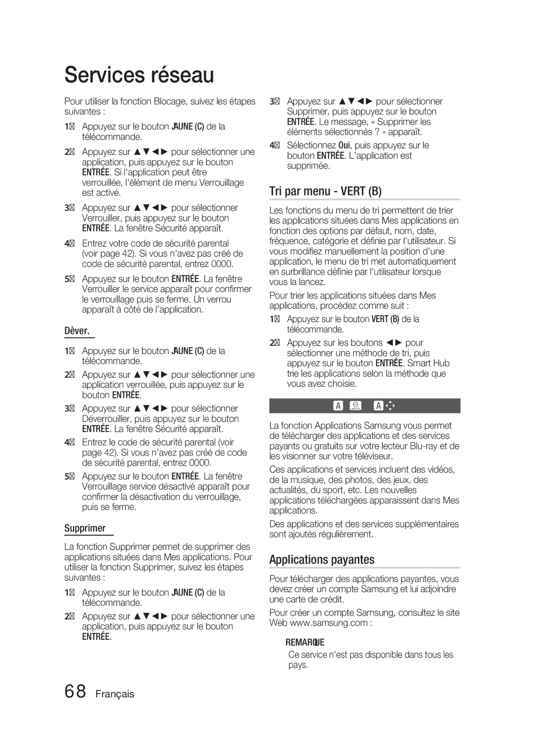 Samsung HT-D6500/EN, HT-D6500/XN manual Tri par menu Vert B, Applications payantes, Déver, Supprimer, Applications Samsung 