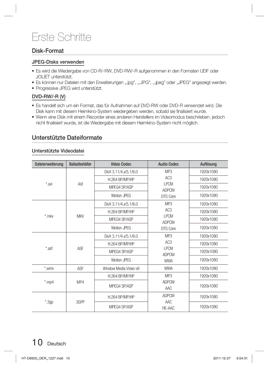 Samsung HT-D6500/XE, HT-D6500/XN Disk-Format, Unterstützte Dateiformate, JPEG-Disks verwenden, Unterstützte Videodatei 