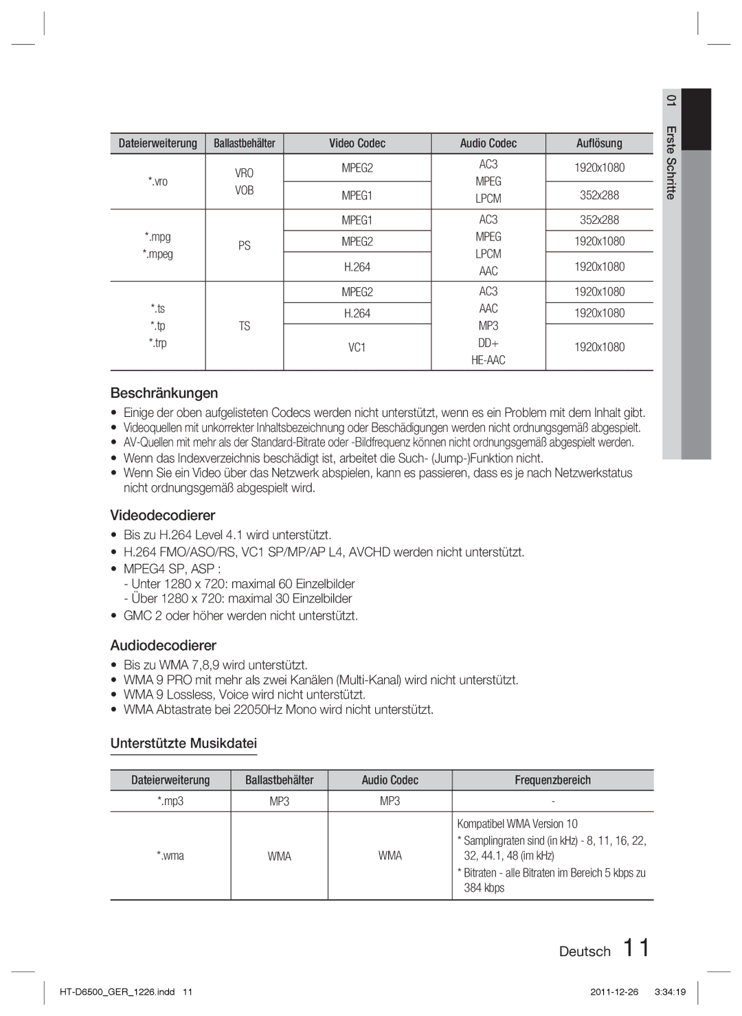 Samsung HT-D6500/XN, HT-D6500/EN, HT-D6500/XE Beschränkungen, Videodecodierer, Audiodecodierer, Unterstützte Musikdatei 