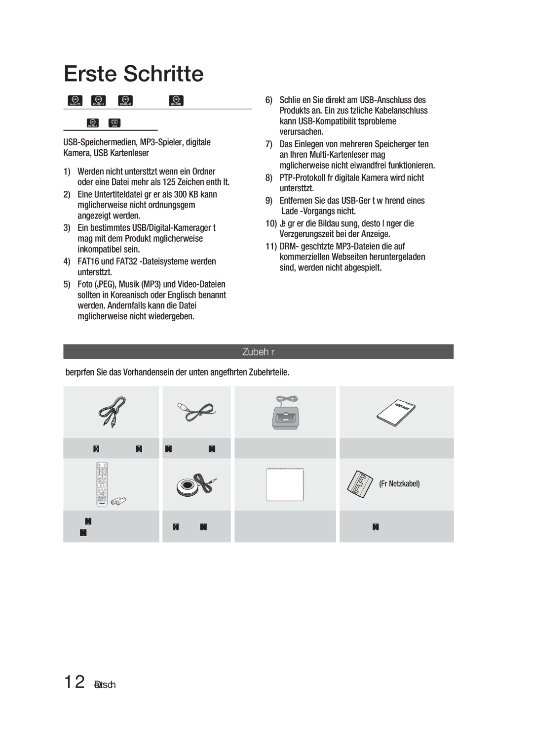 Samsung HT-D6500/EN, HT-D6500/XN, HT-D6500/XE manual Notizen zu USB-Anschluss, Unterstützte Geräte, Zubehör, Ferritringkern 