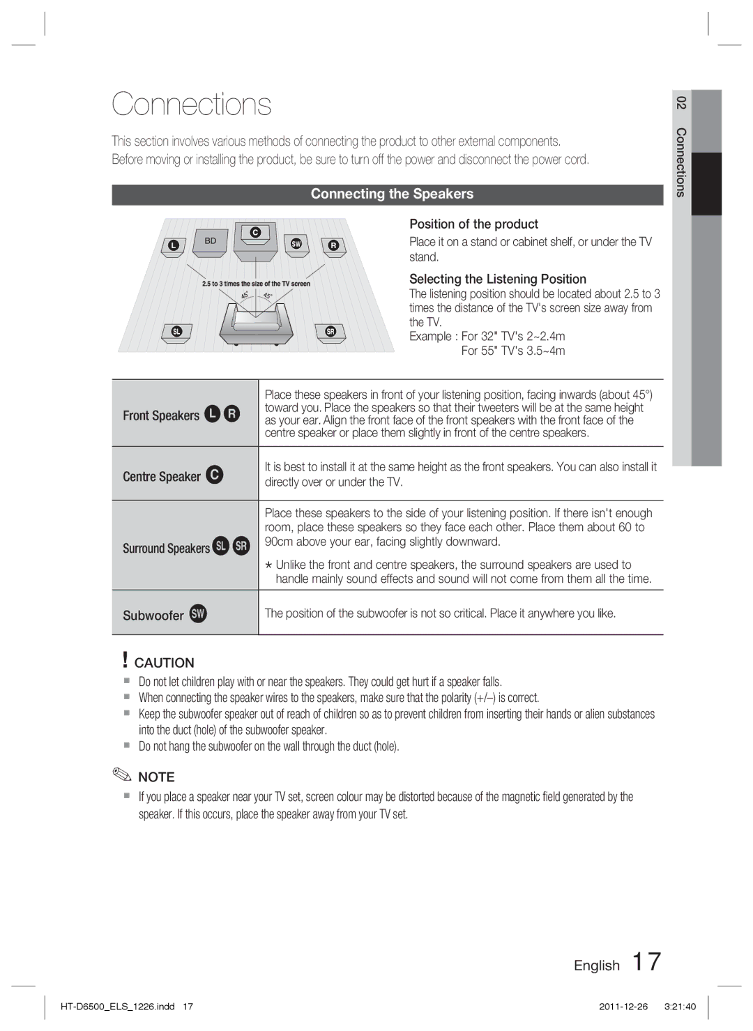 Samsung HT-D6500/XE, HT-D6500/XN, HT-D6500/EN manual Connections, Connecting the Speakers 