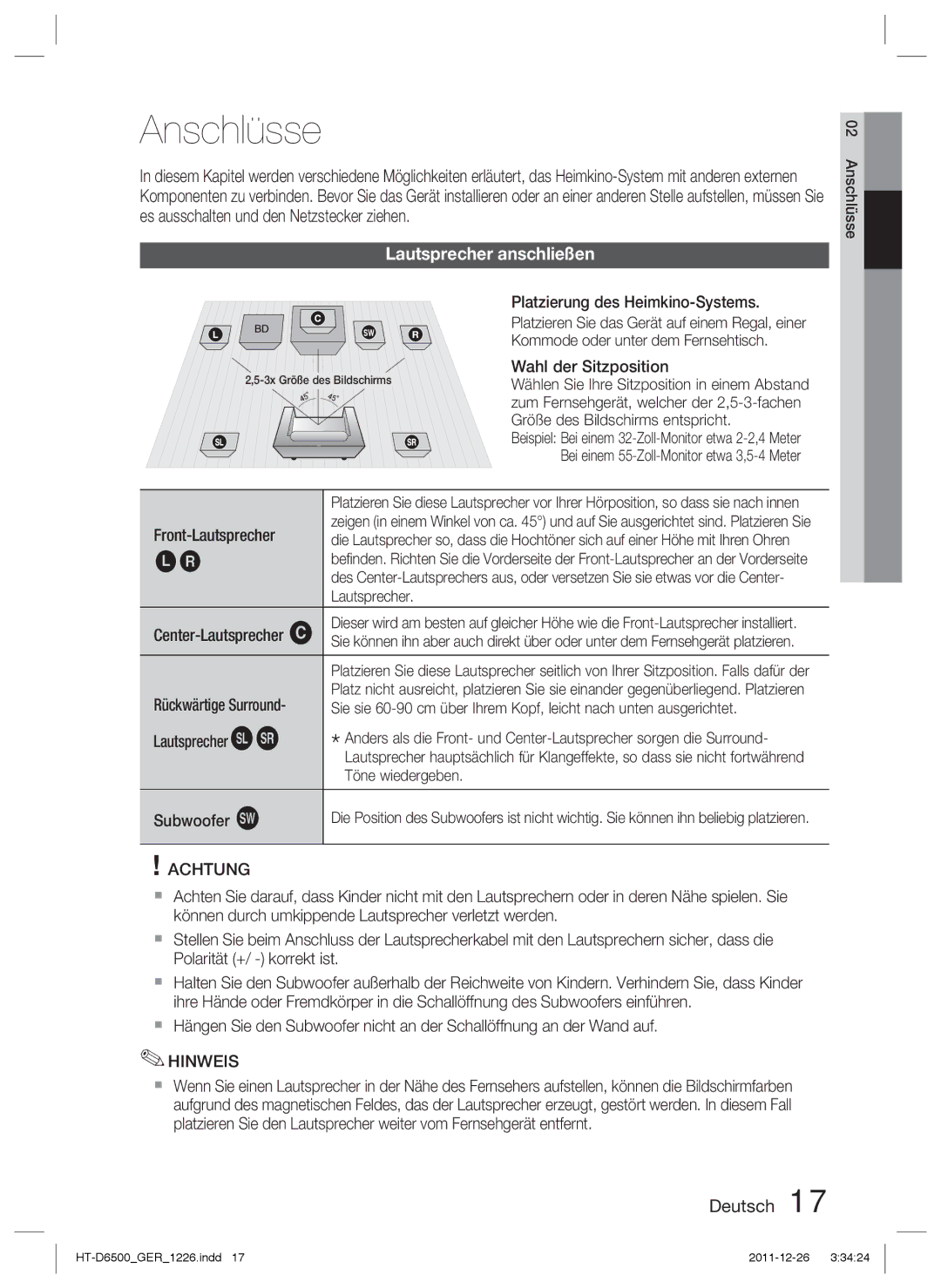 Samsung HT-D6500/XN, HT-D6500/EN, HT-D6500/XE manual Anschlüsse, Lautsprecher anschließen 