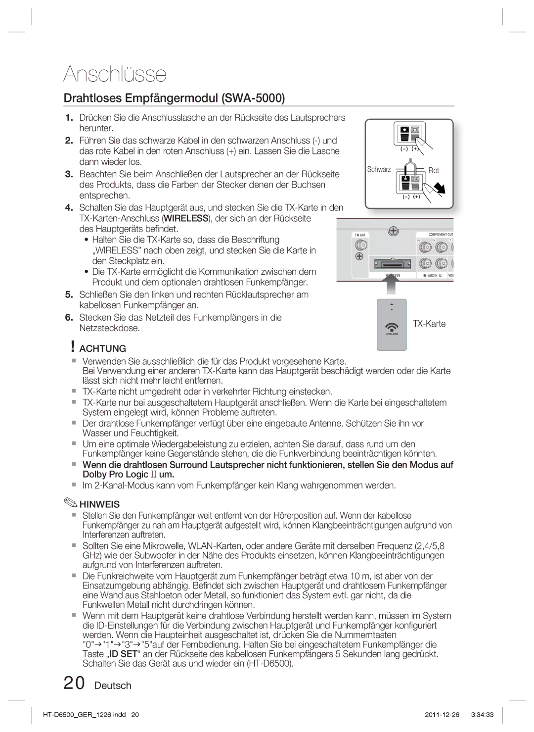 Samsung HT-D6500/XN, HT-D6500/EN, HT-D6500/XE manual Drahtloses Empfängermodul SWA-5000, Rot 