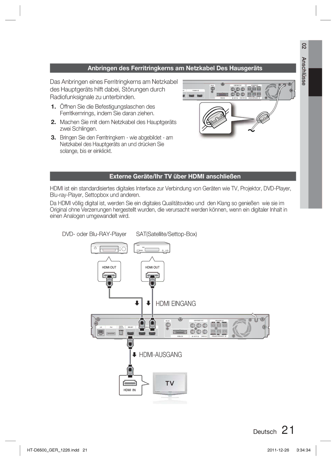 Samsung HT-D6500/EN manual Anbringen des Ferritringkerns am Netzkabel Des Hausgeräts, Radiofunksignale zu unterbinden 