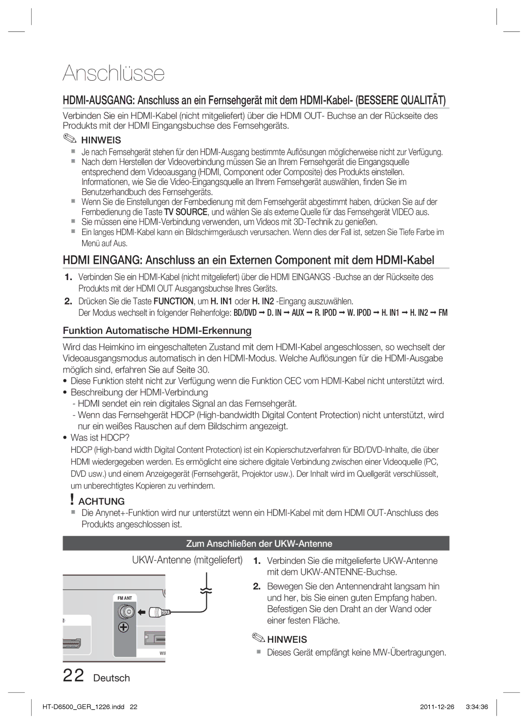 Samsung HT-D6500/XE, HT-D6500/XN, HT-D6500/EN manual UKW-Antenne mitgeliefert, Funktion Automatische HDMI-Erkennung 