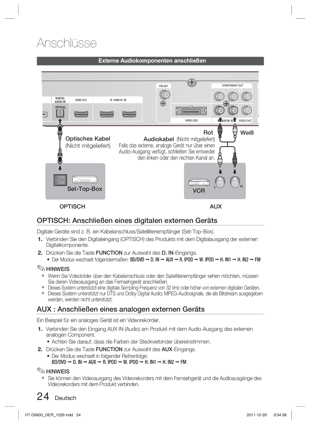 Samsung HT-D6500/EN Optisch Anschließen eines digitalen externen Geräts, AUX Anschließen eines analogen externen Geräts 