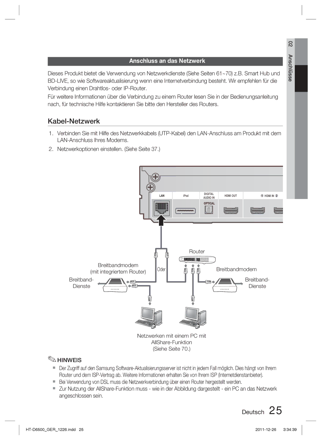 Samsung HT-D6500/XE, HT-D6500/XN, HT-D6500/EN manual Kabel-Netzwerk, Anschluss an das Netzwerk 