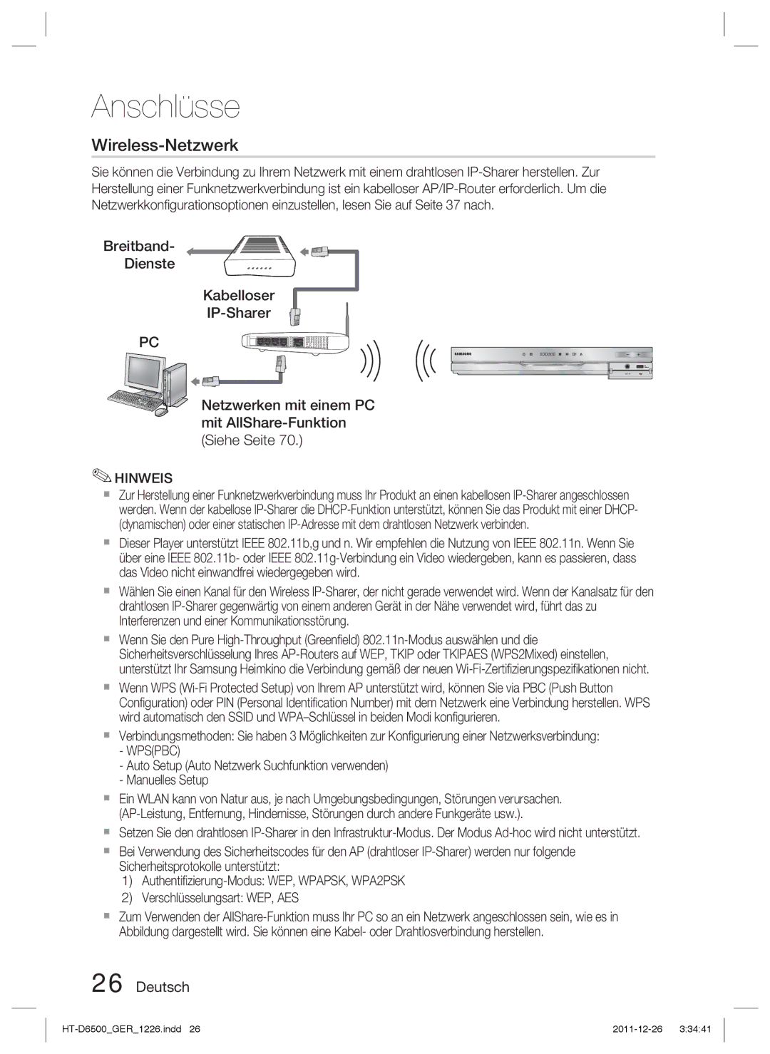 Samsung HT-D6500/XN, HT-D6500/EN, HT-D6500/XE manual Wireless-Netzwerk 