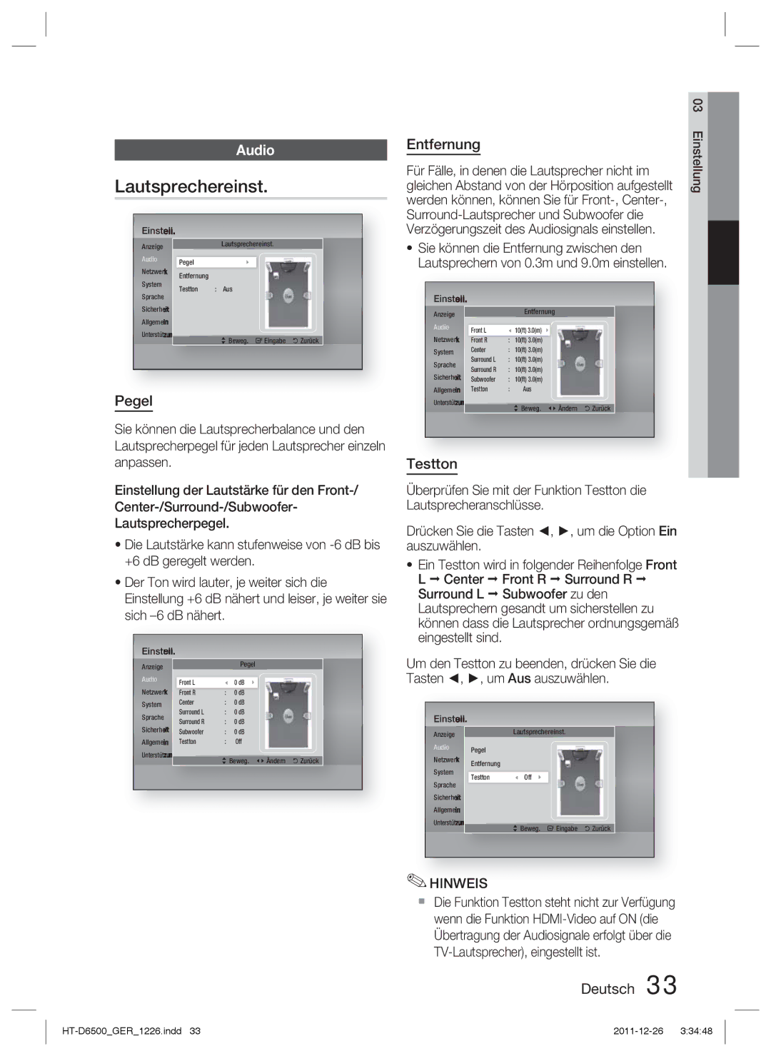 Samsung HT-D6500/EN manual Lautsprechereinst, Pegel, Entfernung, Testton, Gleichen Abstand von der Hörposition aufgestellt 