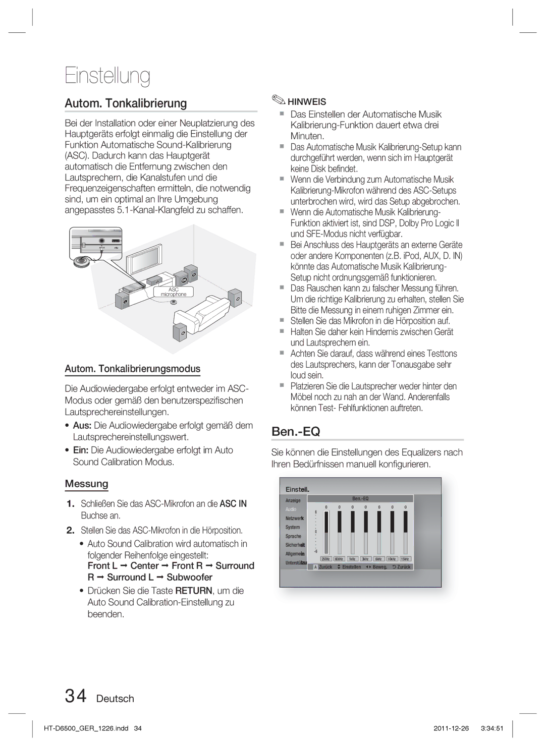 Samsung HT-D6500/XE, HT-D6500/XN, HT-D6500/EN manual Ben.-EQ, Autom. Tonkalibrierungsmodus, Messung 