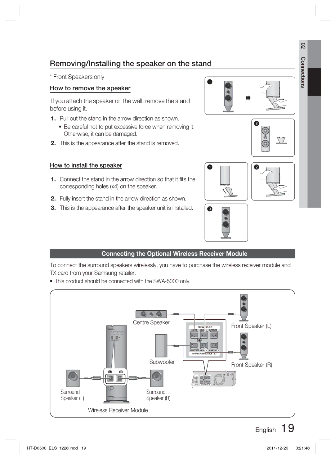 Samsung HT-D6500/EN, HT-D6500/XN, HT-D6500/XE manual Removing/Installing the speaker on the stand, How to install the speaker 