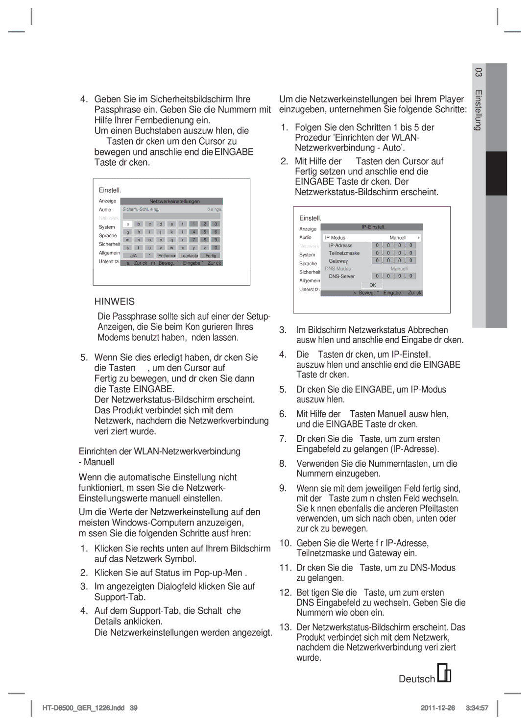 Samsung HT-D6500/EN, HT-D6500/XN, HT-D6500/XE manual Anzeige Netzwerkeinstellungen Audio 