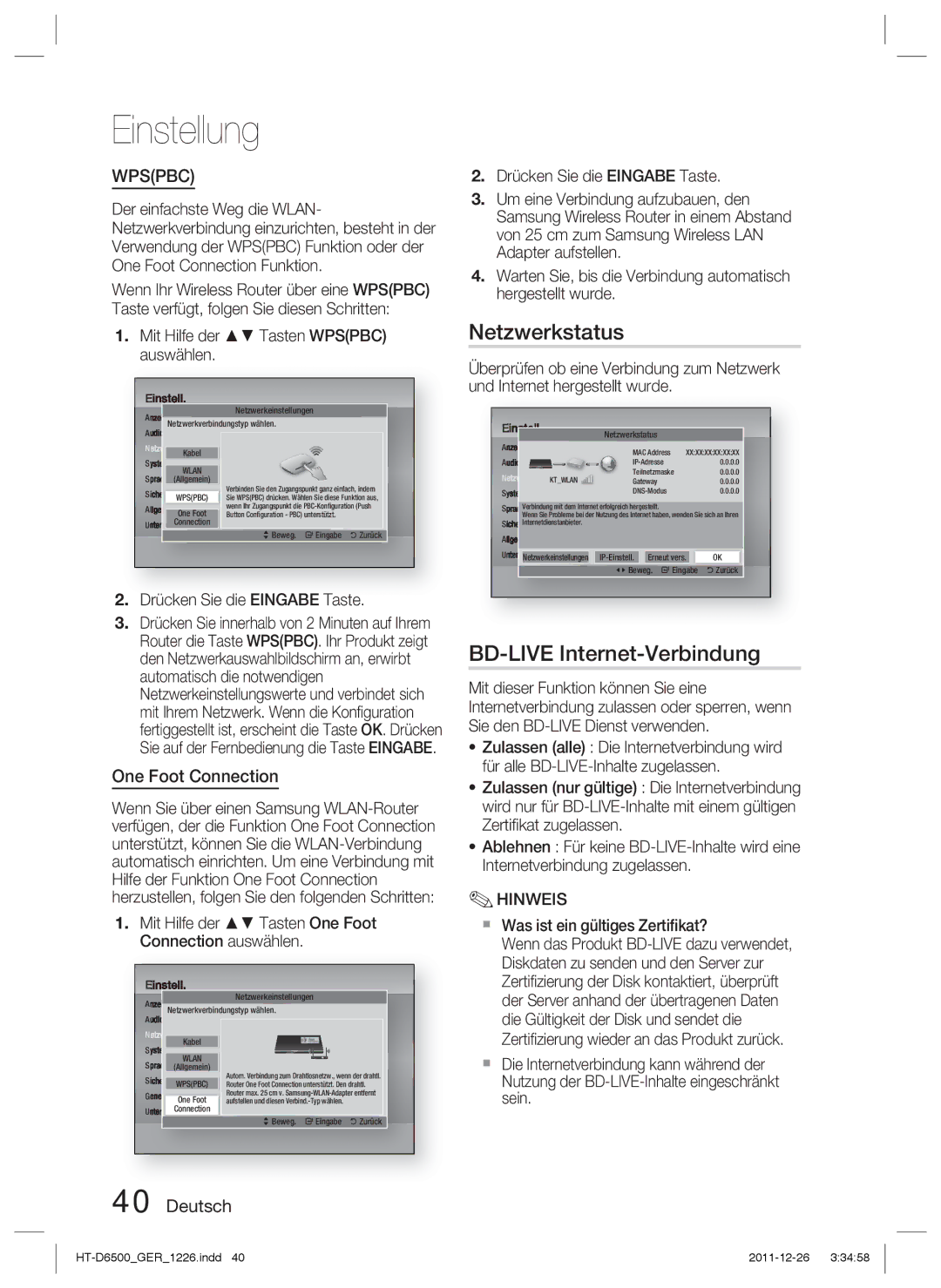 Samsung HT-D6500/XE, HT-D6500/XN, HT-D6500/EN manual Netzwerkstatus, BD-LIVE Internet-Verbindung 