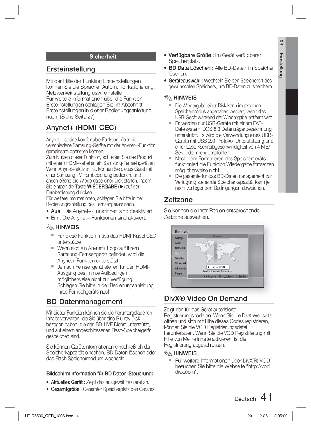 Samsung HT-D6500/XN, HT-D6500/EN, HT-D6500/XE manual Ersteinstellung, BD-Datenmanagement, Zeitzone, Sicherheit 