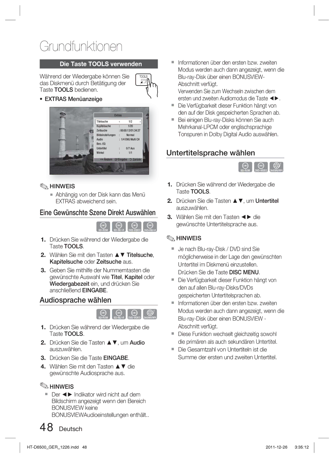 Samsung HT-D6500/EN, HT-D6500/XN, HT-D6500/XE manual Audiosprache wählen, Untertitelsprache wählen, Die Taste Tools verwenden 