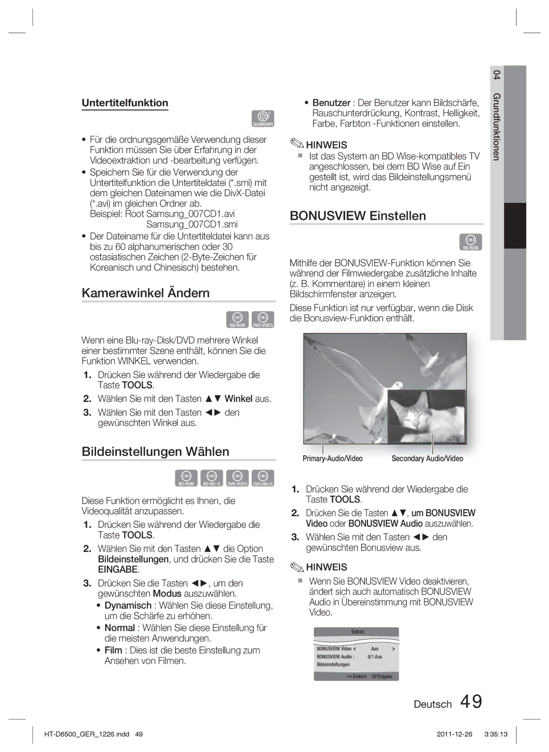 Samsung HT-D6500/XE, HT-D6500/XN, HT-D6500/EN manual Kamerawinkel Ändern, Bildeinstellungen Wählen, Bonusview Einstellen 