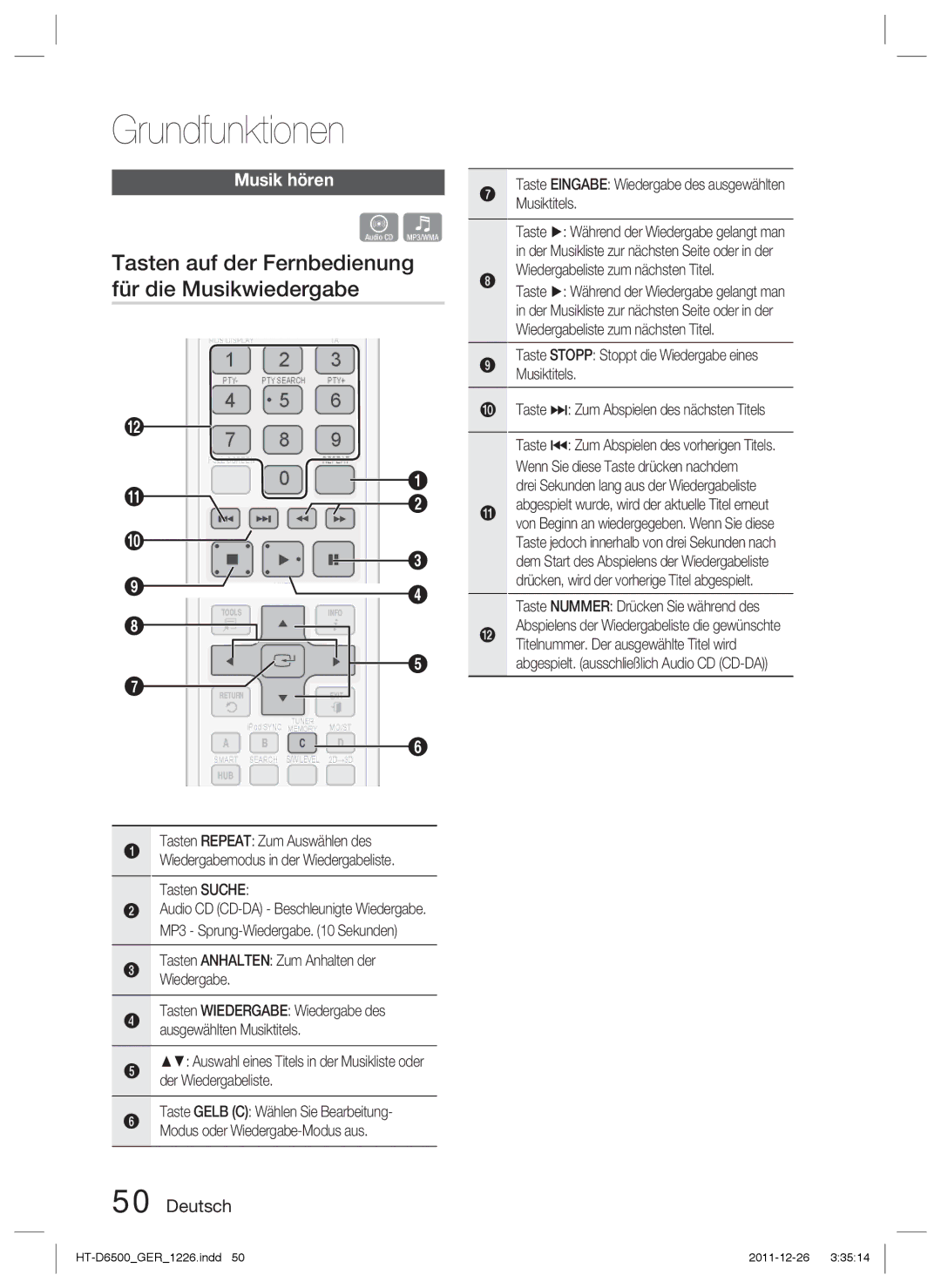 Samsung HT-D6500/XN, HT-D6500/EN, HT-D6500/XE manual Tasten auf der Fernbedienung für die Musikwiedergabe, Musik hören 