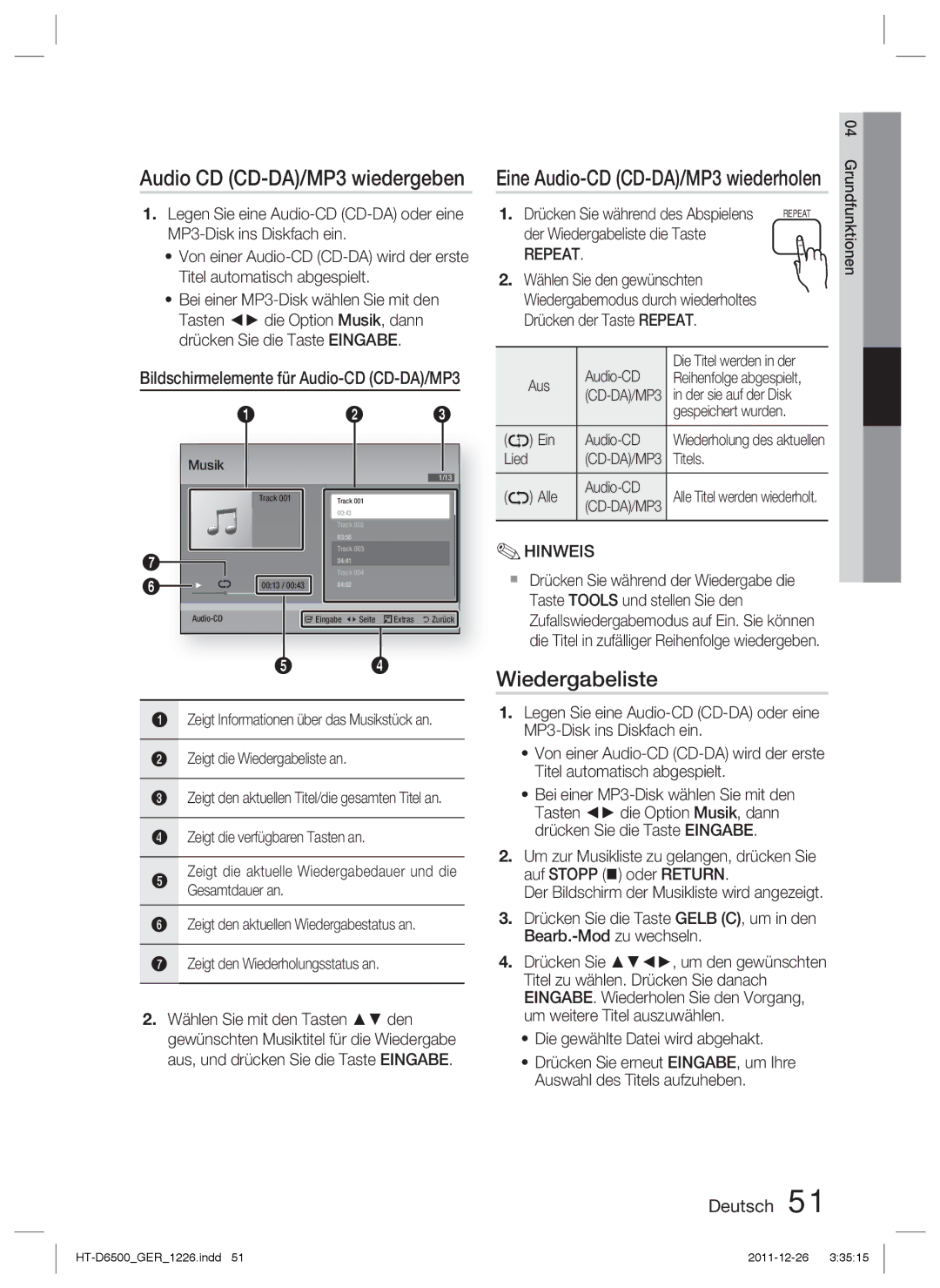 Samsung HT-D6500/EN, HT-D6500/XN, HT-D6500/XE manual Wiedergabeliste, Eine Audio-CD CD-DA/MP3 wiederholen 